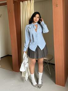 GalTyme Plus Size Autumn Elegant Commute Striped Collar Tie Blouse Fall - Multicolor - View 6
