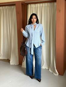 GalTyme Plus Size Autumn Elegant Commute Striped Collar Tie Blouse Fall - Multicolor - View 10