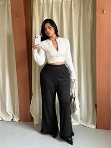 GalTyme Plus Size Elegant Commuter Lace Trim Pants - Black - View 4
