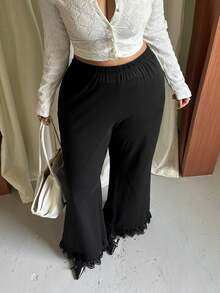 GalTyme Plus Size Elegant Commuter Lace Trim Pants - Black - View 6