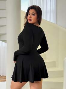 Solflare New Fall/Winter Plus Size Women's Black Anti-Static Stretch Knit Square Neck Long Sleeve Jumpsuit With Shorts For Home, Work, Dates & School - Black - View 3