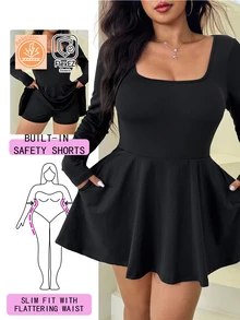 Solflare New Fall/Winter Plus Size Women's Black Anti-Static Stretch Knit Square Neck Long Sleeve Jumpsuit With Shorts For Home, Work, Dates & School - Black - View 7