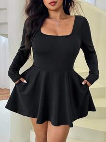 Solflare New Fall/Winter Plus Size Women's Black Anti-Static Stretch Knit Square Neck Long Sleeve Jumpsuit With Shorts For Home, Work, Dates & School - Black - View 8