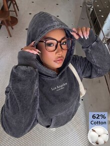 Muchica Plus Size Streetwear Embroidered Pocket Hooded Sweatshirt For Daily Wear Fall - Dark Grey - View 4