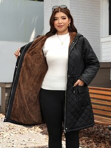 SHEIN LUNE جاكيت نسائي مقاس كبير بأكمام طويلة وسحاب أمامي وخصر برباط مبطن حراري مع غطاء رأس - الأسود - مشاهدة 7