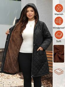 SHEIN LUNE جاكيت نسائي مقاس كبير بأكمام طويلة وسحاب أمامي وخصر برباط مبطن حراري مع غطاء رأس - الأسود - مشاهدة 8