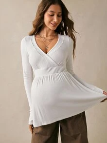 Boho Mama Kaos Hamil Kasual Warna Polos dengan Hiasan Renda, Pakaian Musim Gugur Putih untuk Acara Baby Shower, Pakaian Dasar Lucu dan Chic untuk Konser Country, Pakaian untuk Jalan-jalan - Putih - View 10