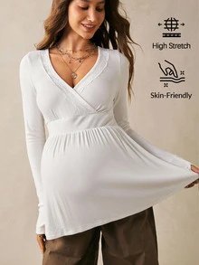 Boho Mama Kaos Hamil Kasual Warna Polos dengan Hiasan Renda, Pakaian Musim Gugur Putih untuk Acara Baby Shower, Pakaian Dasar Lucu dan Chic untuk Konser Country, Pakaian untuk Jalan-jalan - Putih - View 7