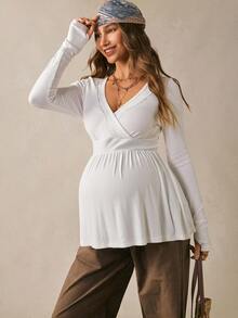 Boho Mama Kaos Hamil Kasual Warna Polos dengan Hiasan Renda, Pakaian Musim Gugur Putih untuk Acara Baby Shower, Pakaian Dasar Lucu dan Chic untuk Konser Country, Pakaian untuk Jalan-jalan - Putih - View 3