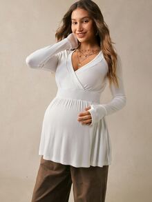 Boho Mama Kaos Hamil Kasual Warna Polos dengan Hiasan Renda, Pakaian Musim Gugur Putih untuk Acara Baby Shower, Pakaian Dasar Lucu dan Chic untuk Konser Country, Pakaian untuk Jalan-jalan - Putih - View 6