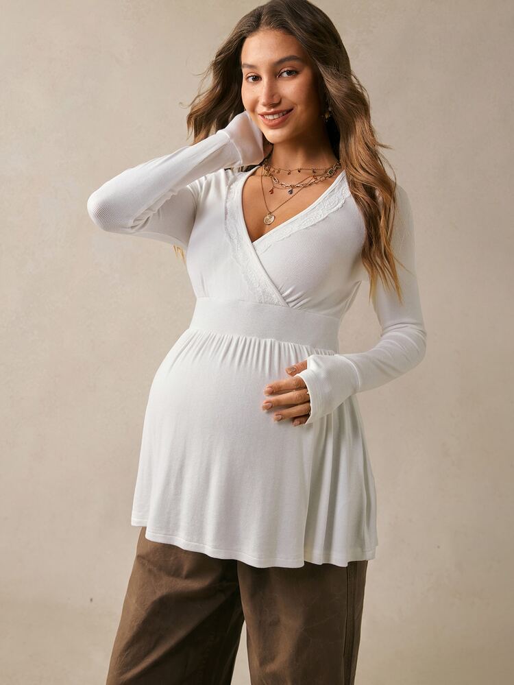 Boho Mama 孕婦休閒基本款純色蕾絲飾邊T恤，秋季白色寶寶派對穿搭，可愛時尚鄉村演唱會外出造型 - 白色 - 查看 6