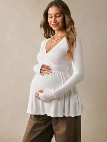 Boho Mama Kaos Hamil Kasual Warna Polos dengan Hiasan Renda, Pakaian Musim Gugur Putih untuk Acara Baby Shower, Pakaian Dasar Lucu dan Chic untuk Konser Country, Pakaian untuk Jalan-jalan - Putih - View 5