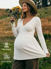 Boho Mama Kaos Hamil Kasual Warna Polos dengan Hiasan Renda, Pakaian Musim Gugur Putih untuk Acara Baby Shower, Pakaian Dasar Lucu dan Chic untuk Konser Country, Pakaian untuk Jalan-jalan - Putih - View 2