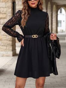 SHEIN Clasi Women's Elegant Commute Lace Patchwork Stand Collar Dress - Black - View 4
