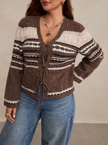 Freevana Plus Size Women's Vintage Front Tie Knit Cardigan Winter - Multicolor - View 5