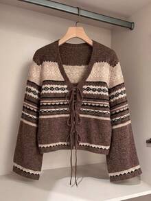 Freevana Plus Size Women's Vintage Front Tie Knit Cardigan Winter - Multicolor - View 9