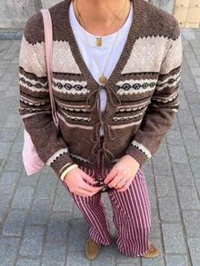 Freevana Plus Size Women's Vintage Front Tie Knit Cardigan Winter - Multicolor - View 11