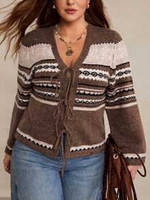 Freevana Plus Size Women's Vintage Front Tie Knit Cardigan Winter - Multicolor - View 6