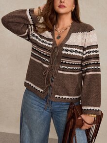 Freevana Plus Size Women's Vintage Front Tie Knit Cardigan Winter - Multicolor - View 4