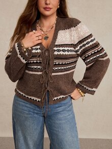 Freevana Plus Size Women's Vintage Front Tie Knit Cardigan Winter - Multicolor - View 3