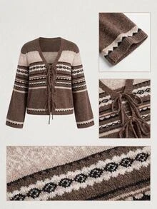 Freevana Plus Size Women's Vintage Front Tie Knit Cardigan Winter - Multicolor - View 8