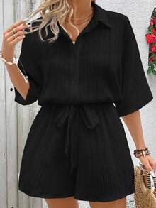 SHEIN VCAY Jumpsuit Lengan Pendek Warna Polos Ukuran Besar, Minimalis dan Modis, Cocok untuk Musim Panas dan Gugur - Hitam - View 4