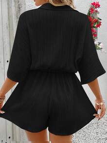 SHEIN VCAY Jumpsuit Lengan Pendek Warna Polos Ukuran Besar, Minimalis dan Modis, Cocok untuk Musim Panas dan Gugur - Hitam - View 3