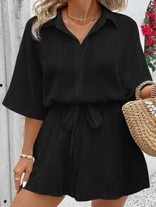 SHEIN VCAY Jumpsuit Lengan Pendek Warna Polos Ukuran Besar, Minimalis dan Modis, Cocok untuk Musim Panas dan Gugur - Hitam - View 6