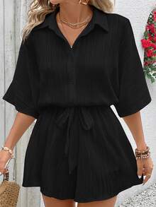 SHEIN VCAY Jumpsuit Lengan Pendek Warna Polos Ukuran Besar, Minimalis dan Modis, Cocok untuk Musim Panas dan Gugur - Hitam - View 5