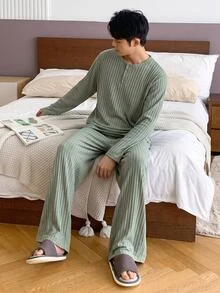 Bộ đồ mặc nhà 2 món cho bé trai tuổi teen, vải gân sọc dọc, cổ Henley nửa khuy, dáng rộng rủ, tay dài, màu xanh xám, mùa thu - màu xanh lá - Xem 1