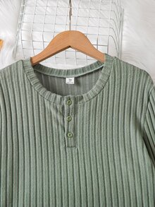 Bộ đồ mặc nhà 2 món cho bé trai tuổi teen, vải gân sọc dọc, cổ Henley nửa khuy, dáng rộng rủ, tay dài, màu xanh xám, mùa thu - màu xanh lá - Xem 4