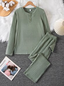 Bộ đồ mặc nhà 2 món cho bé trai tuổi teen, vải gân sọc dọc, cổ Henley nửa khuy, dáng rộng rủ, tay dài, màu xanh xám, mùa thu - màu xanh lá - Xem 2