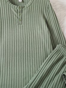 Bộ đồ mặc nhà 2 món cho bé trai tuổi teen, vải gân sọc dọc, cổ Henley nửa khuy, dáng rộng rủ, tay dài, màu xanh xám, mùa thu - màu xanh lá - Xem 5