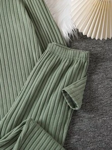 Bộ đồ mặc nhà 2 món cho bé trai tuổi teen, vải gân sọc dọc, cổ Henley nửa khuy, dáng rộng rủ, tay dài, màu xanh xám, mùa thu - màu xanh lá - Xem 6