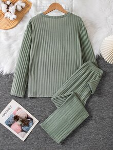 Bộ đồ mặc nhà 2 món cho bé trai tuổi teen, vải gân sọc dọc, cổ Henley nửa khuy, dáng rộng rủ, tay dài, màu xanh xám, mùa thu - màu xanh lá - Xem 3