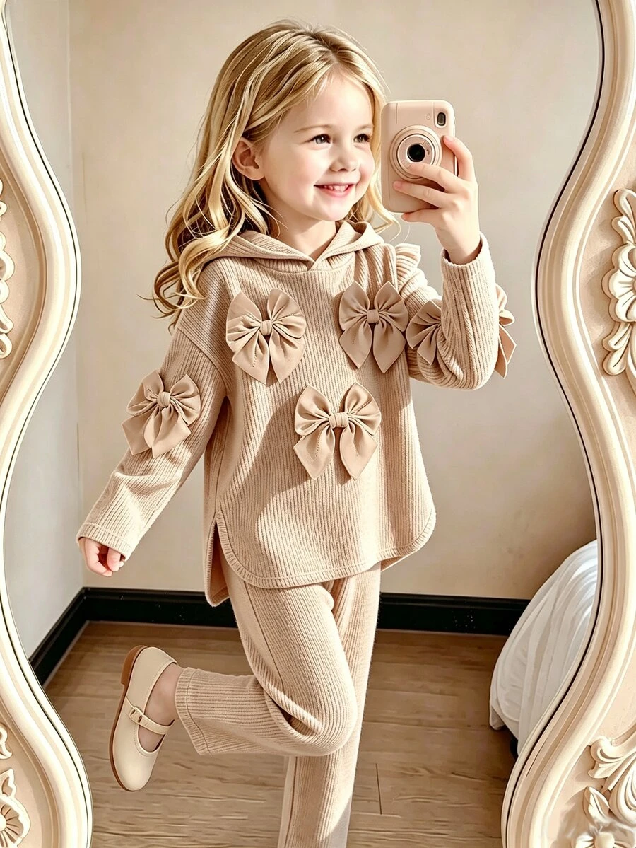 Elladie kids 女童格紋連帽外套套裝,長袖上衣,秋季長袖連帽衫與鬆緊褲套裝,休閒套裝,3D蝴蝶結設計 - 米色 - 查看 1