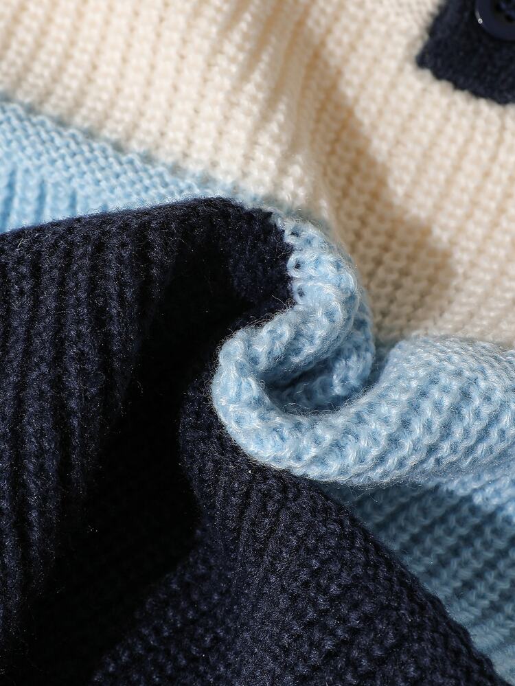 Young Boy Striped Button Half-Placket Polo Collar Long Sleeve Sweater Pullover Autumn Winter - Blue - View 3