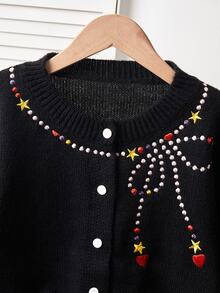 SHEIN Tween Girl Fashion Casual Sweet Star Pattern Knit Cardigan - Black - View 3