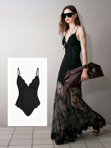 MOTF PREMIUM WOMEN'S AUTUMN CONTRAST LACE CAMI BODYSUIT - Black - View 1