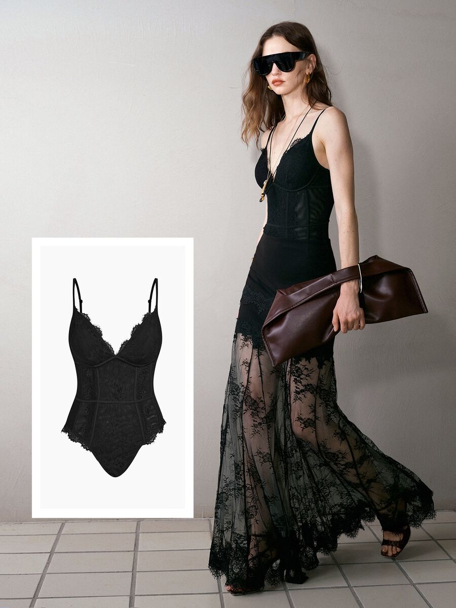 MOTF PREMIUM WOMEN'S AUTUMN CONTRAST LACE CAMI BODYSUIT - Black - View 1