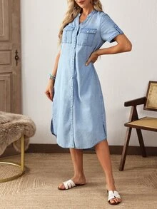 EMERY ROSE Women's V-Neck Single-Breasted Roll Cuff Short Sleeve Casual Denim Dress, Summer - Blue - View 5