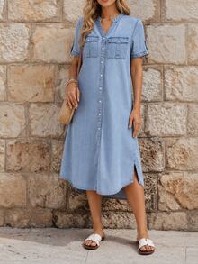 EMERY ROSE Women's V-Neck Single-Breasted Roll Cuff Short Sleeve Casual Denim Dress, Summer - Blue - View 3