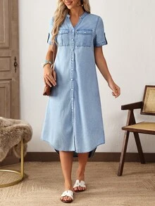 EMERY ROSE Women's V-Neck Single-Breasted Roll Cuff Short Sleeve Casual Denim Dress, Summer - Blue - View 7
