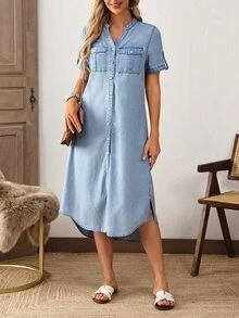 EMERY ROSE Women's V-Neck Single-Breasted Roll Cuff Short Sleeve Casual Denim Dress, Summer - Blue - View 1