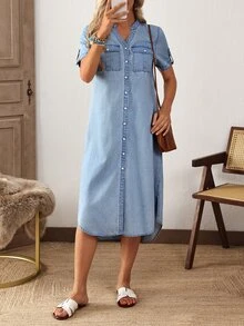 EMERY ROSE Women's V-Neck Single-Breasted Roll Cuff Short Sleeve Casual Denim Dress, Summer - Blue - View 6