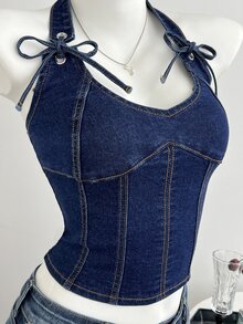 Mori Grove Mori Grove Cowgirl Outfit Standard Size Women's Summer Blue Non-Elastic Camisole Top - Dark Wash - View 6