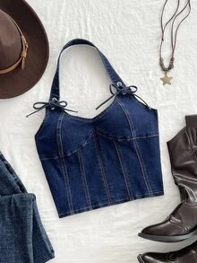 Mori Grove Mori Grove Cowgirl Outfit Standard Size Women's Summer Blue Non-Elastic Camisole Top - Dark Wash - View 7