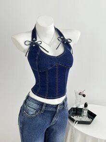Mori Grove Mori Grove Cowgirl Outfit Standard Size Women's Summer Blue Non-Elastic Camisole Top - Dark Wash - View 3