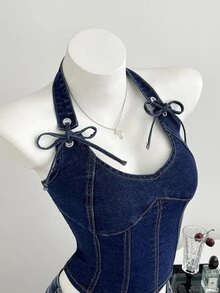 Mori Grove Mori Grove Cowgirl Outfit Standard Size Women's Summer Blue Non-Elastic Camisole Top - Dark Wash - View 5