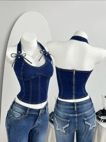 Mori Grove Mori Grove Cowgirl Outfit Standard Size Women's Summer Blue Non-Elastic Camisole Top - Dark Wash - View 1